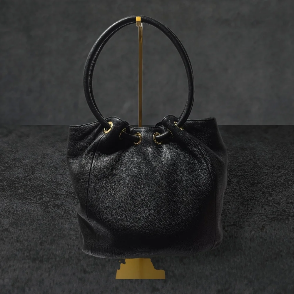 Michael Kors East West Black Pebbled Leather Bucket Bag Round Handles Large